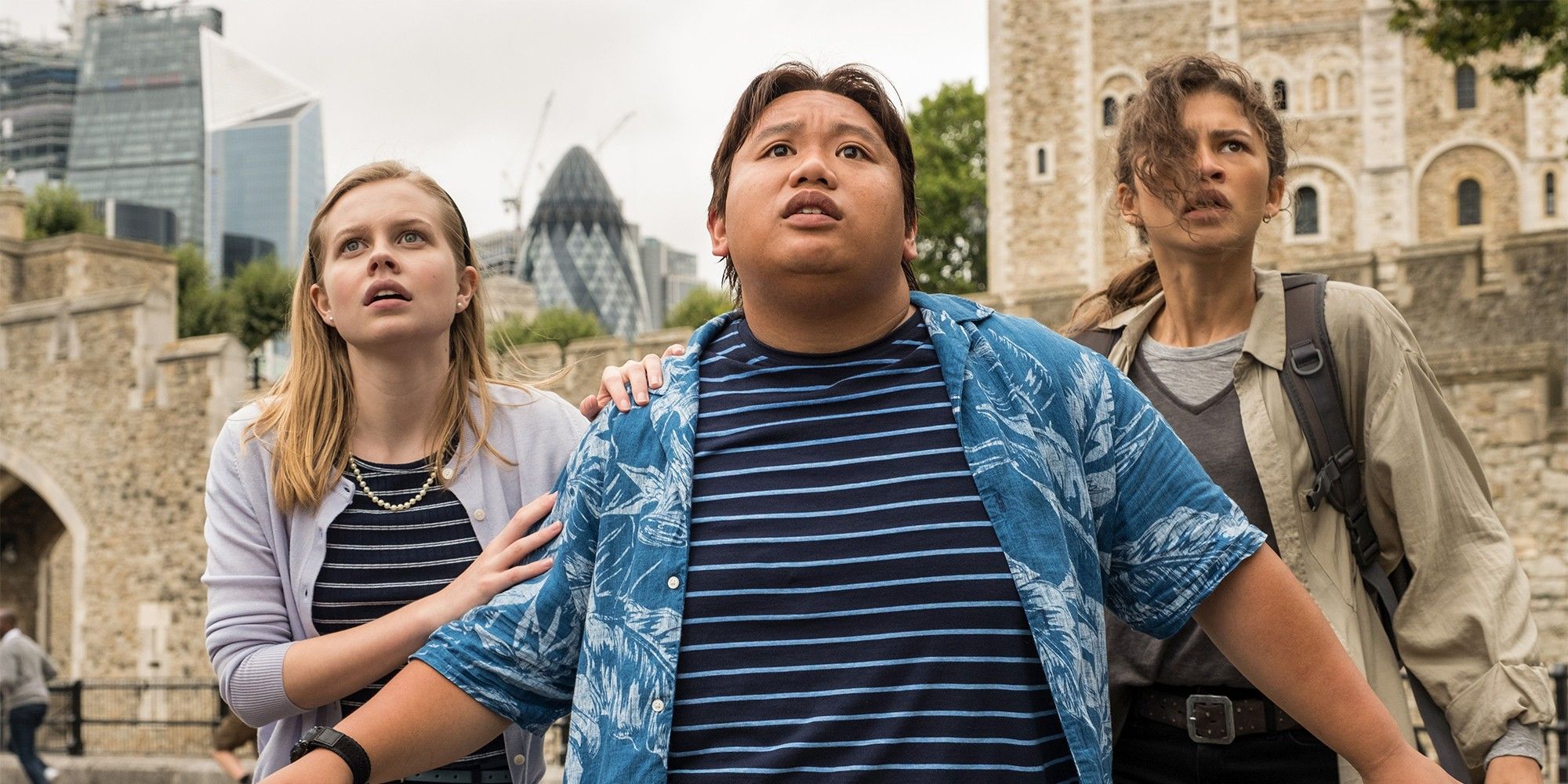 Angourie Rice as Betty Jacob Batalon as Ned and Zendaya as MJ in Spider Man Far From Home