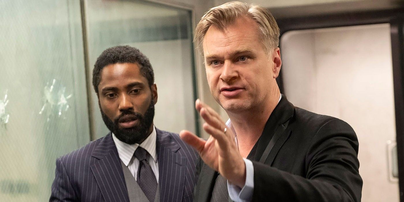 John David Washington and Christopher Nolan on the Tenet set