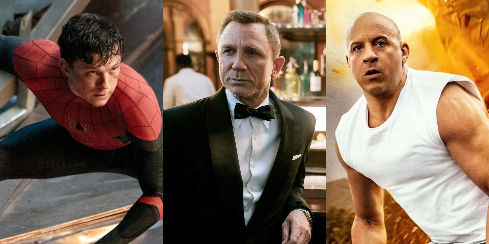 Split image of Tom Holland as Spider Man Dnaiel Craig as James Bond and Vin Diesel as Dominic Toretto