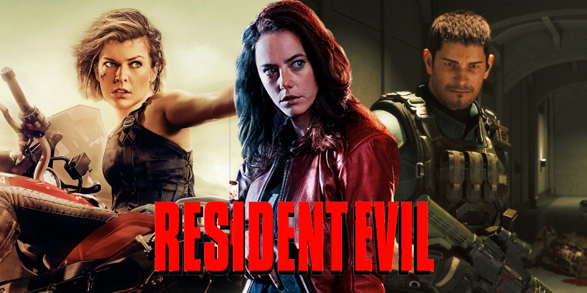 Split image Alice Claire and Chris from various Resident Evil movies