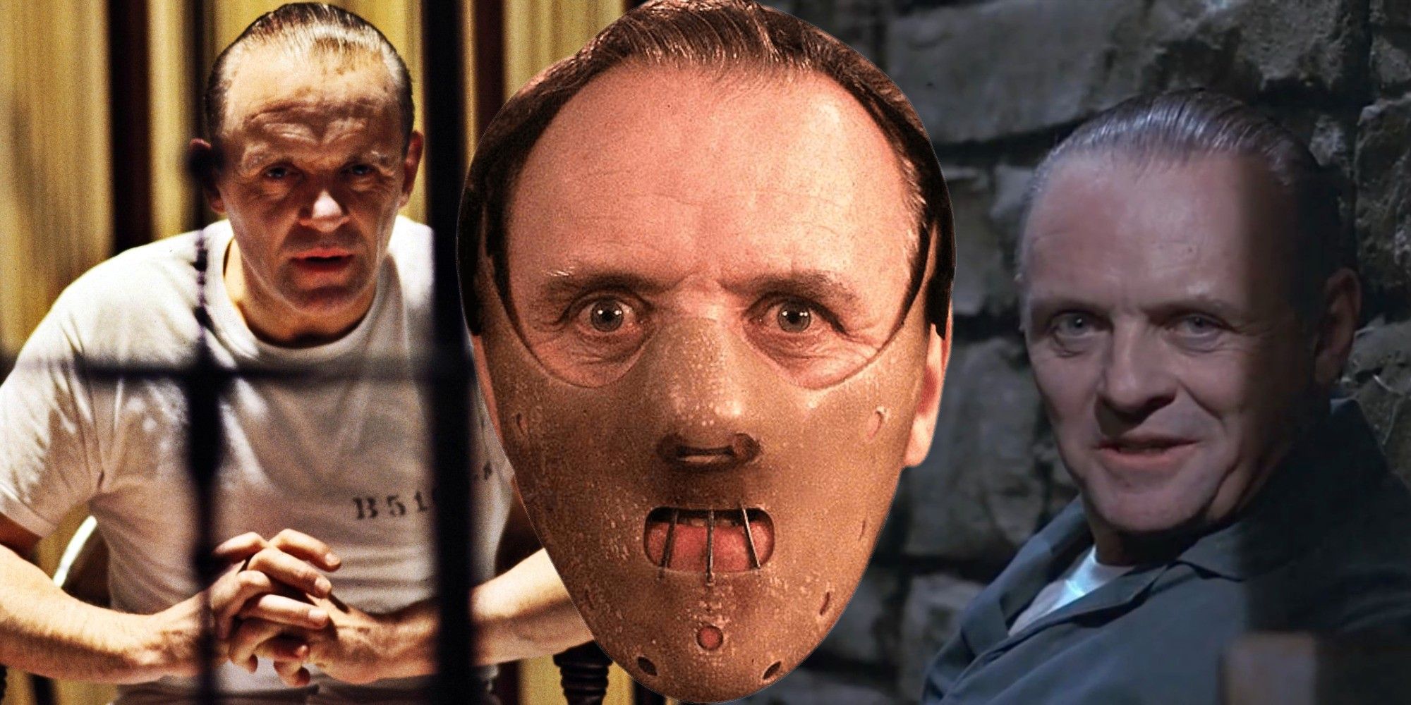 Split image of Anthiny Hopkins as Hannibal Lecter in The Silence of the Lambs