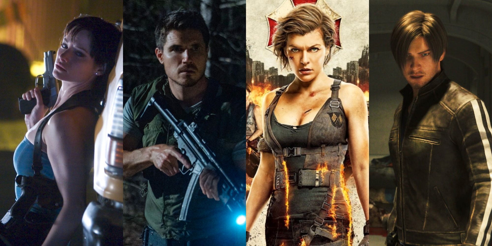 Split image of Jill Valentine Chris Refield Alice and Leon S. Kennedy from various Resident Evil movies