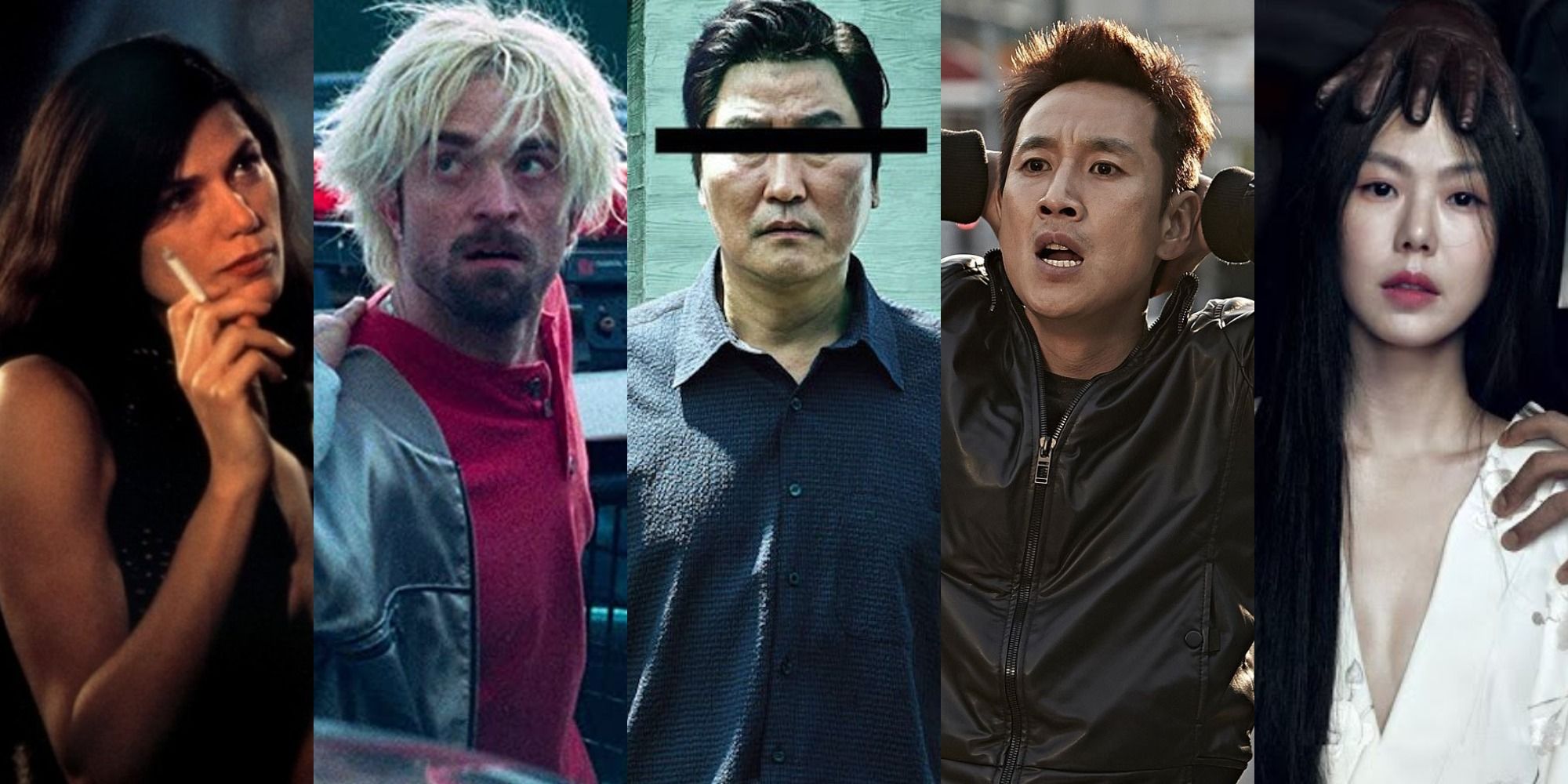 Split image of Linda Fiorentino in The Last Seduction Robert Pattinson in Good Time Kang Ho Song in Parasite Lee Sun Gyun in A Hard Day and Kim Min Hee in The Handmaiden