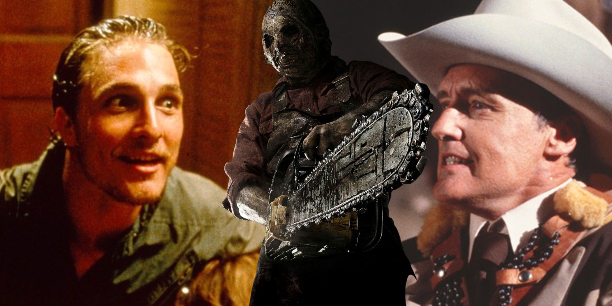 Split image of Matthew McConaughey Leatherface and Dennis Hopper from Texas Chainsaw Massacre movies