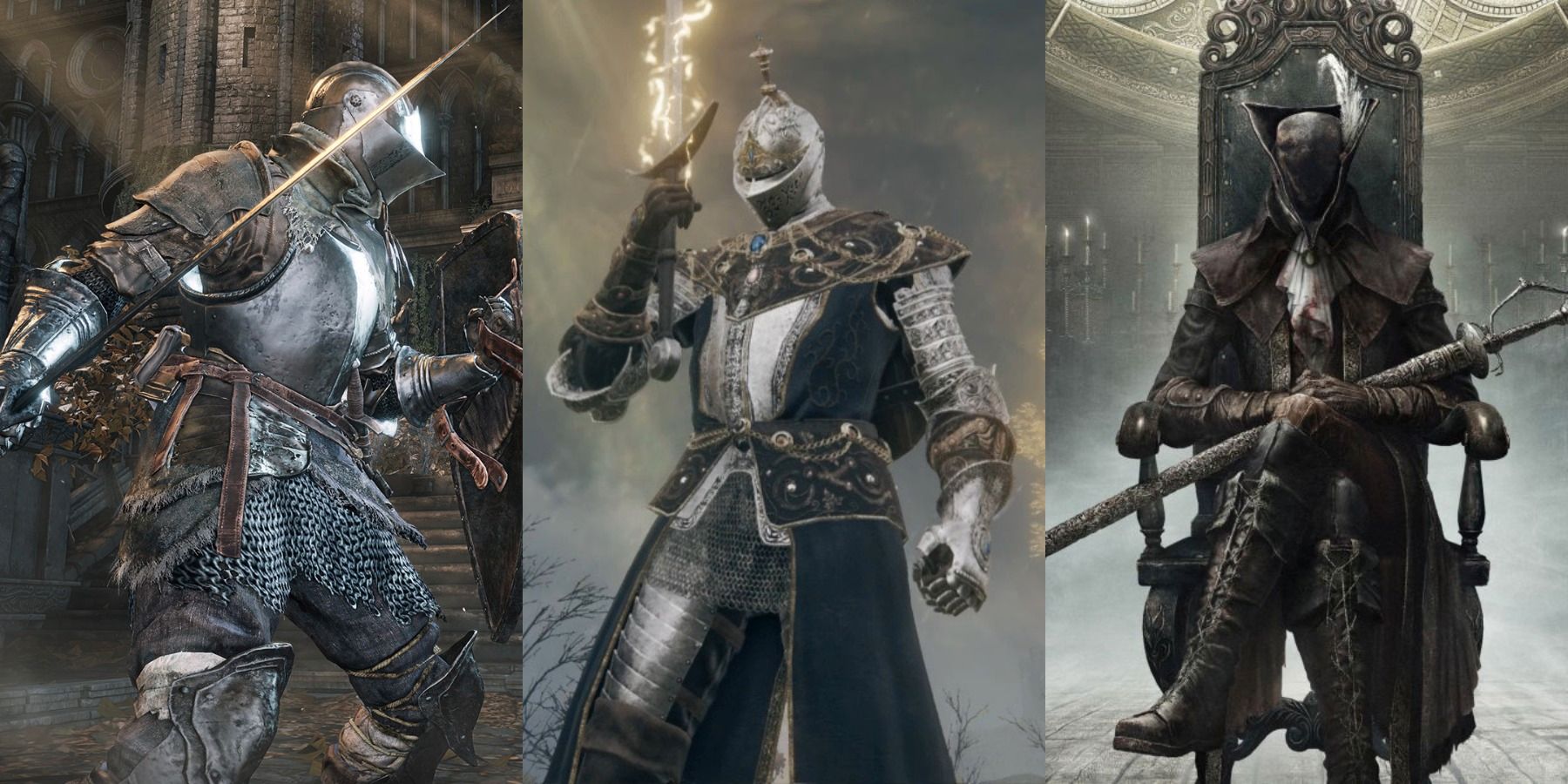 Split image of main protagonists in Dark Souls 3 Bloodborne and Elden Ring