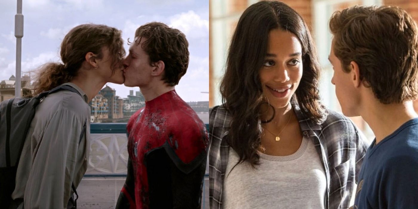 A split screen of Peter Parker with Liz and MJ