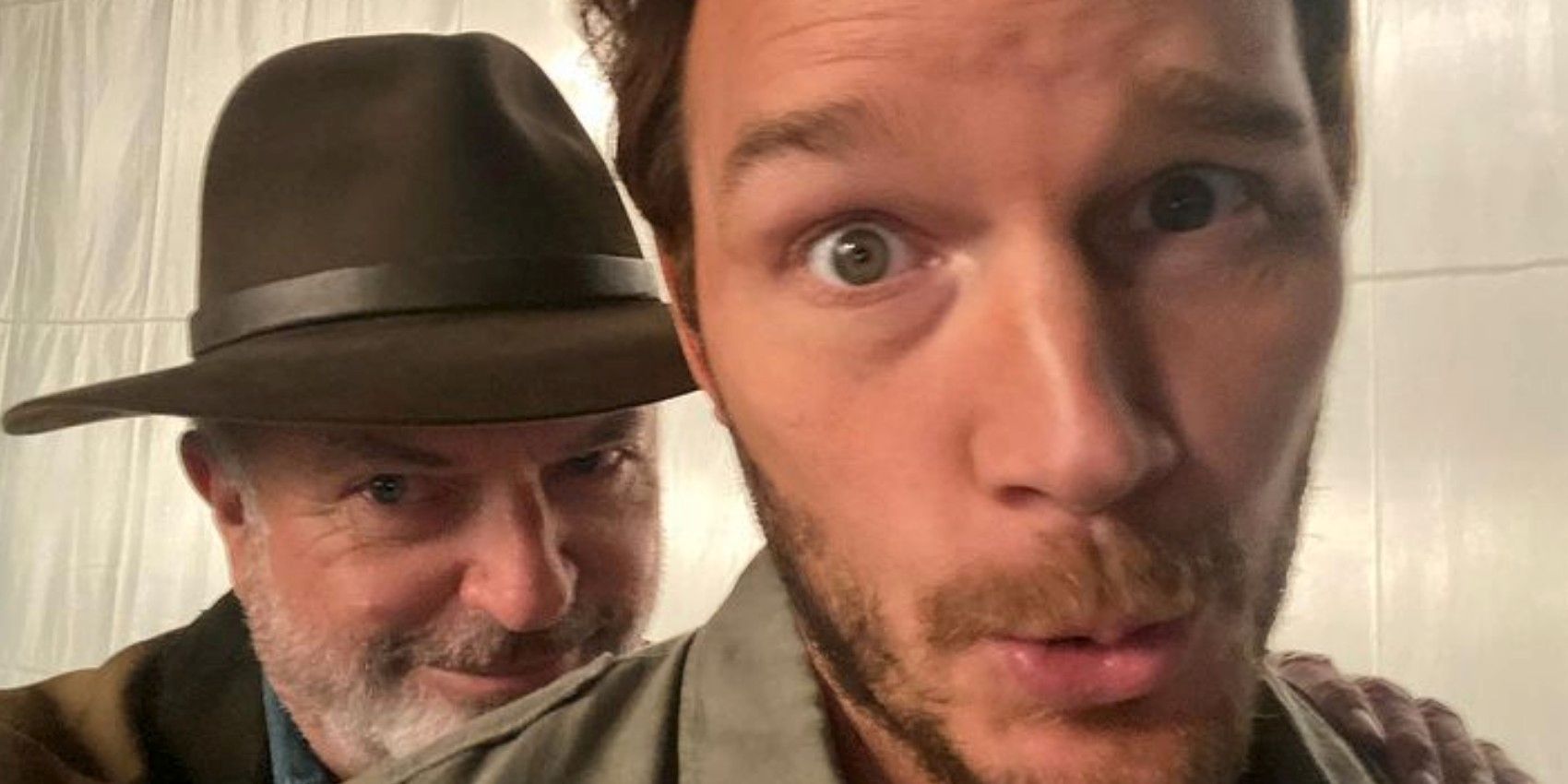 Chris Pratt and Sam Neill in Jurassic BTS Photo