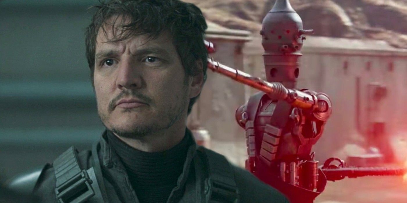 Pedro Pascal as Din Djarin and IG 11 in The Mandalorian