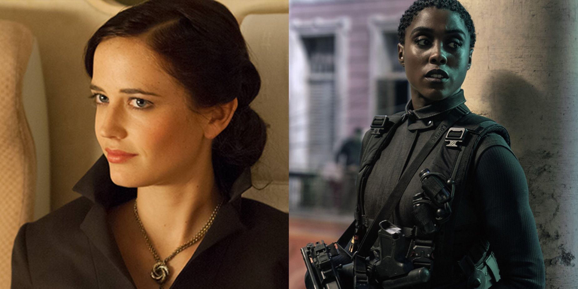 Split image of Eva Green in Casino Royale and Lashana Lynch in No Time to Die