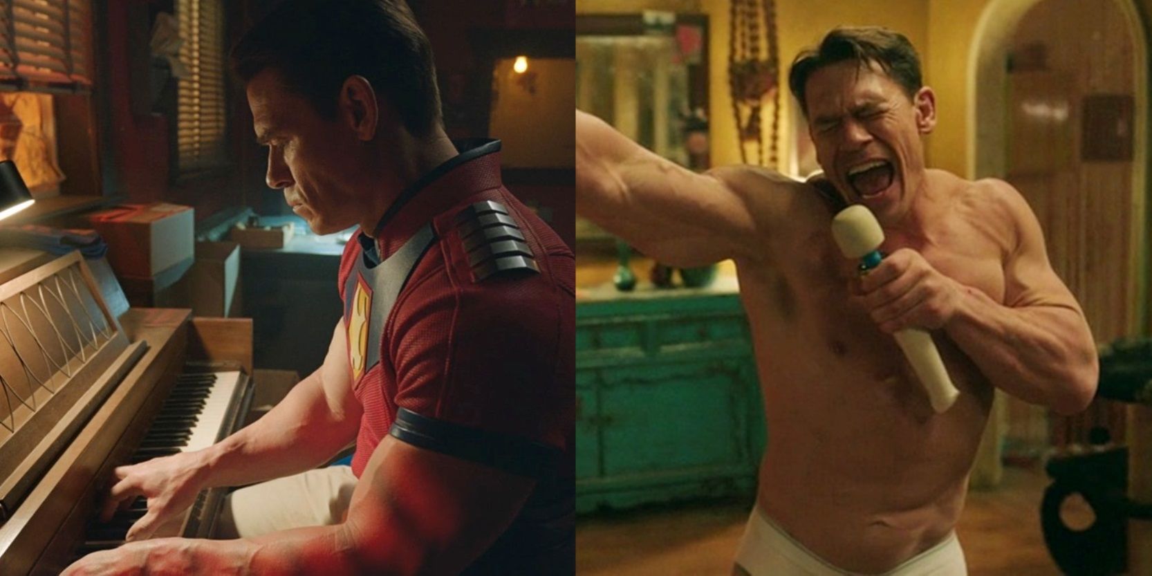 Split image of John Cena playing piano and singing in Peacemaker