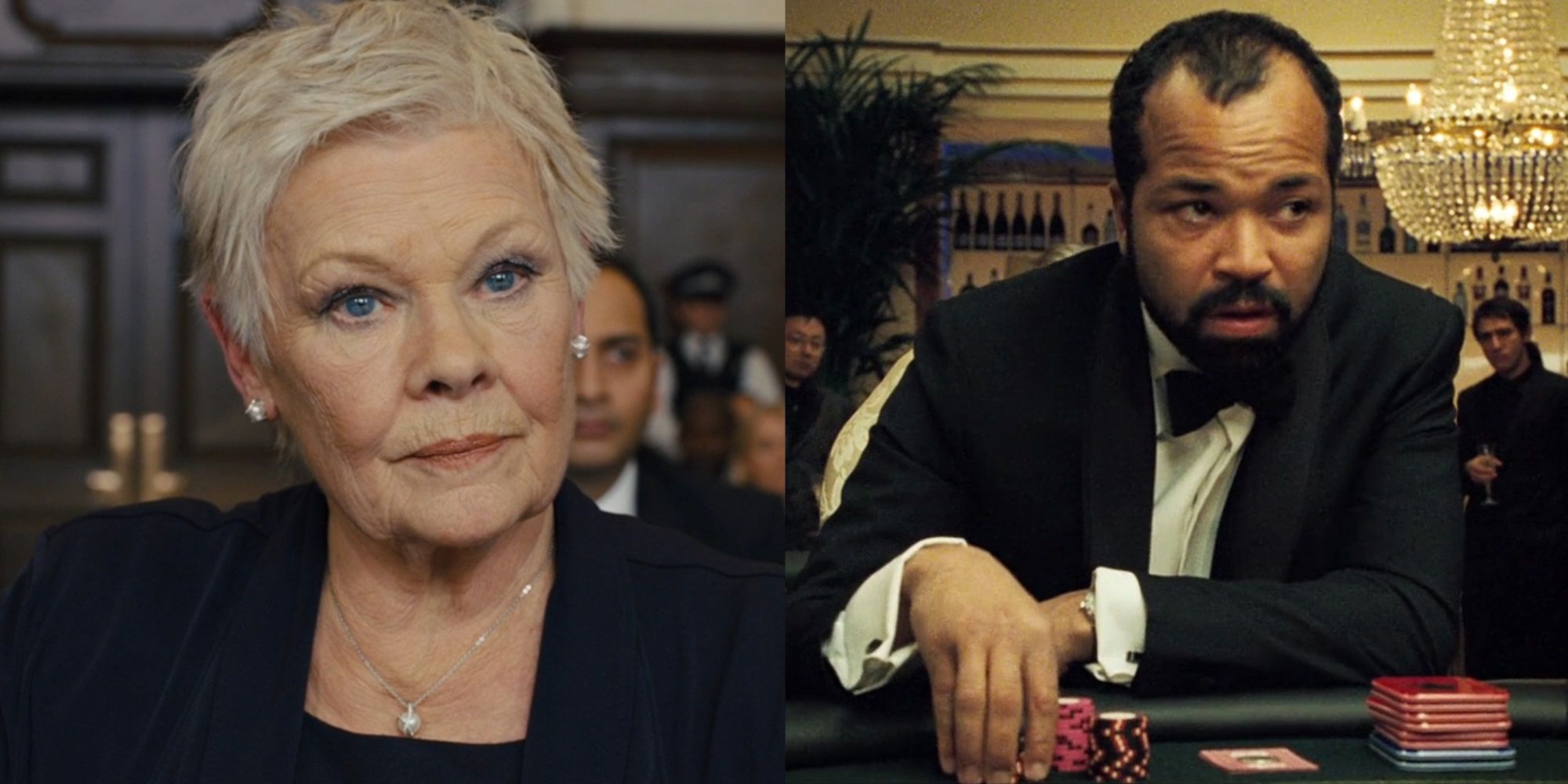 Split image of Judi Dench as M in Skyfall and Jeffrey Wright as Felix Leiter in Casino Royale