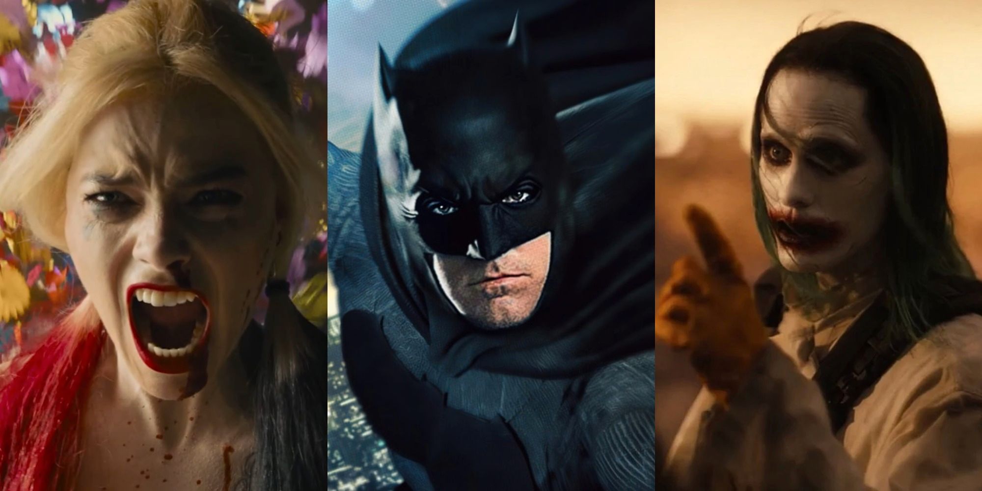 Split image of Margot Robbies Harley Quinn Ben Afflecks Batman and Jared Letos Joker in various DCEU movies