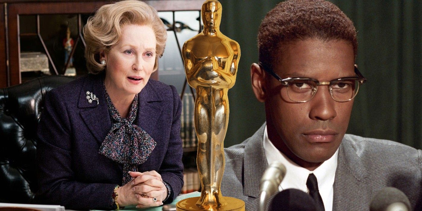 Split image of Meryl Streep and Denzel Washington with an Oscar