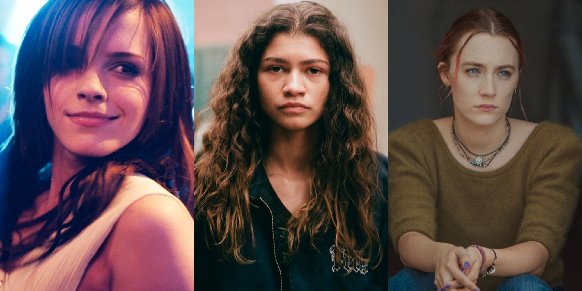 Split image of characters from The Bling Ring Euphoria and Lady Bird