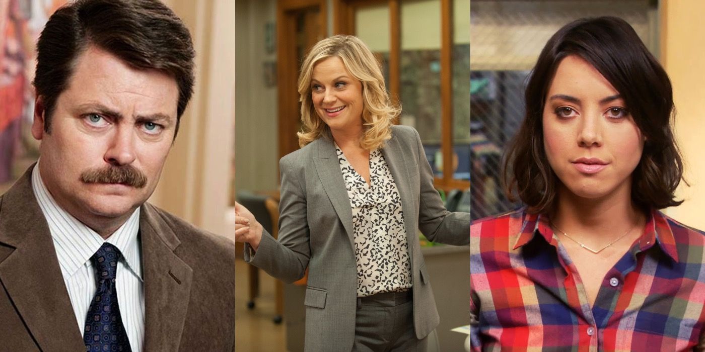 Split image showing Ron Leslie and April in Parks and Rec