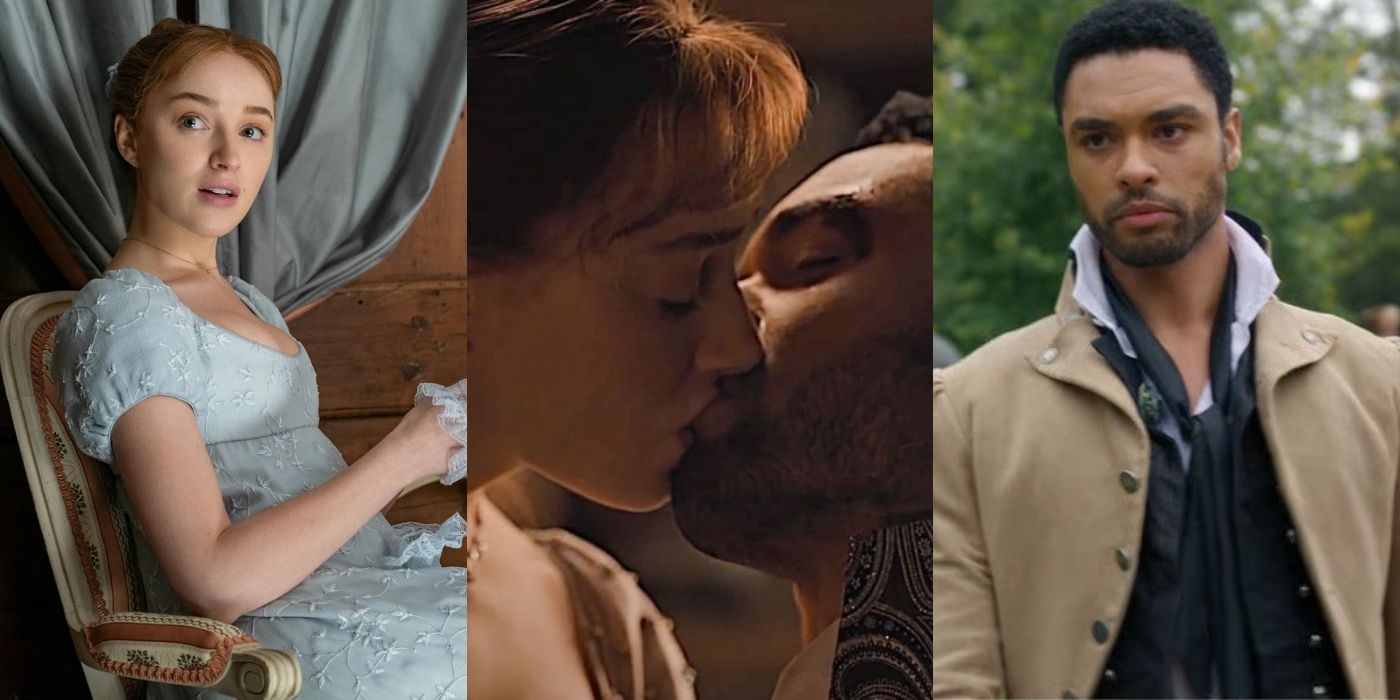 Three split images of Daphne the Duke from Bridgerton