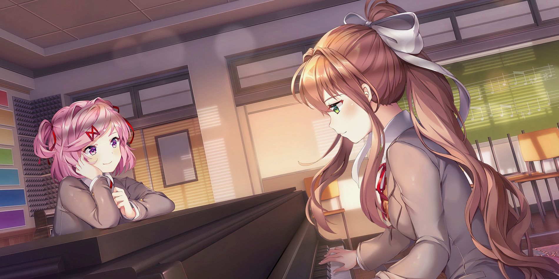 Natsuki admires Monika playing piano in Doki Doki Literature Club Plus