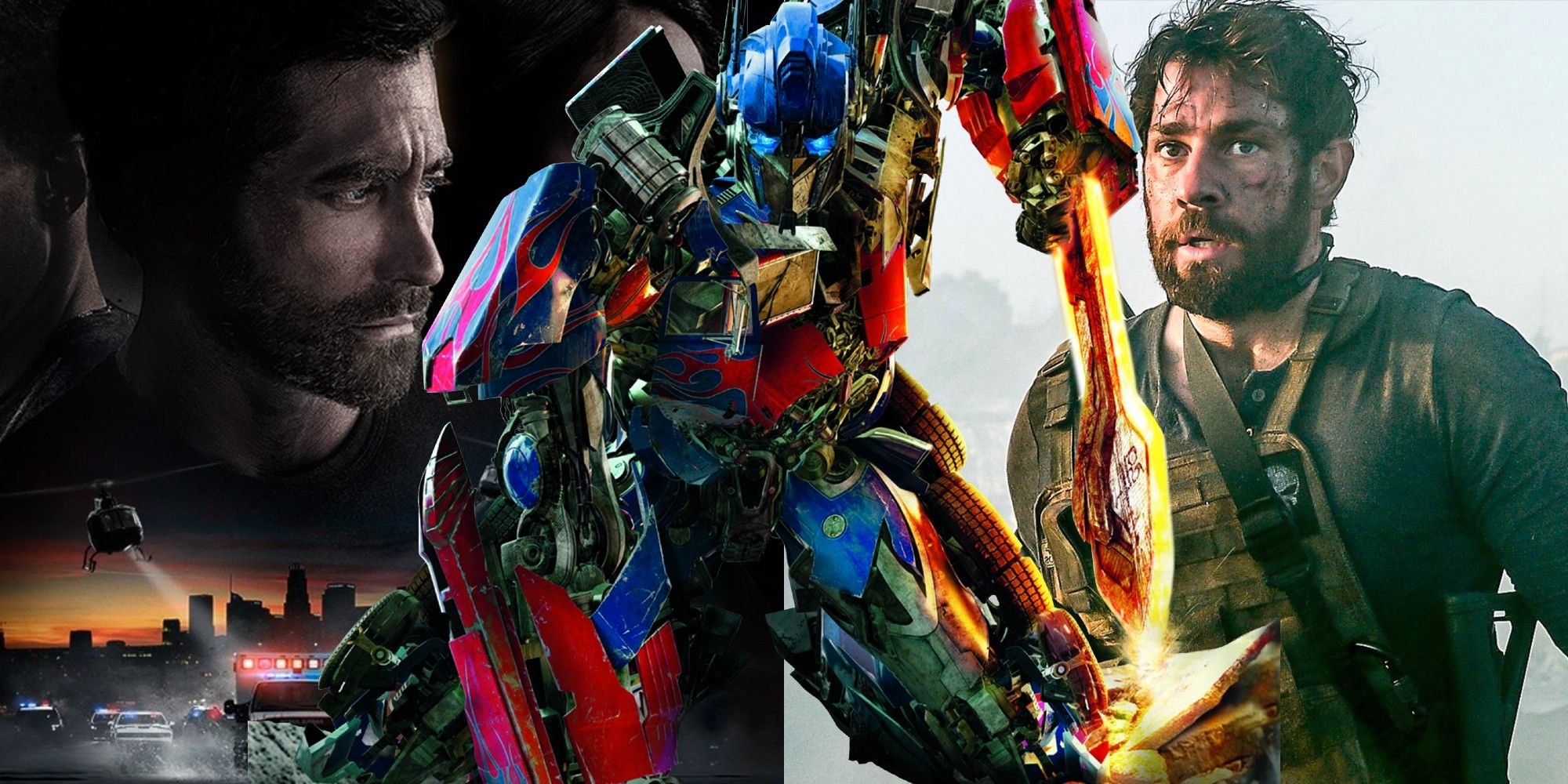 Split image of main characters from Ambulance Transformers and 13 Hours