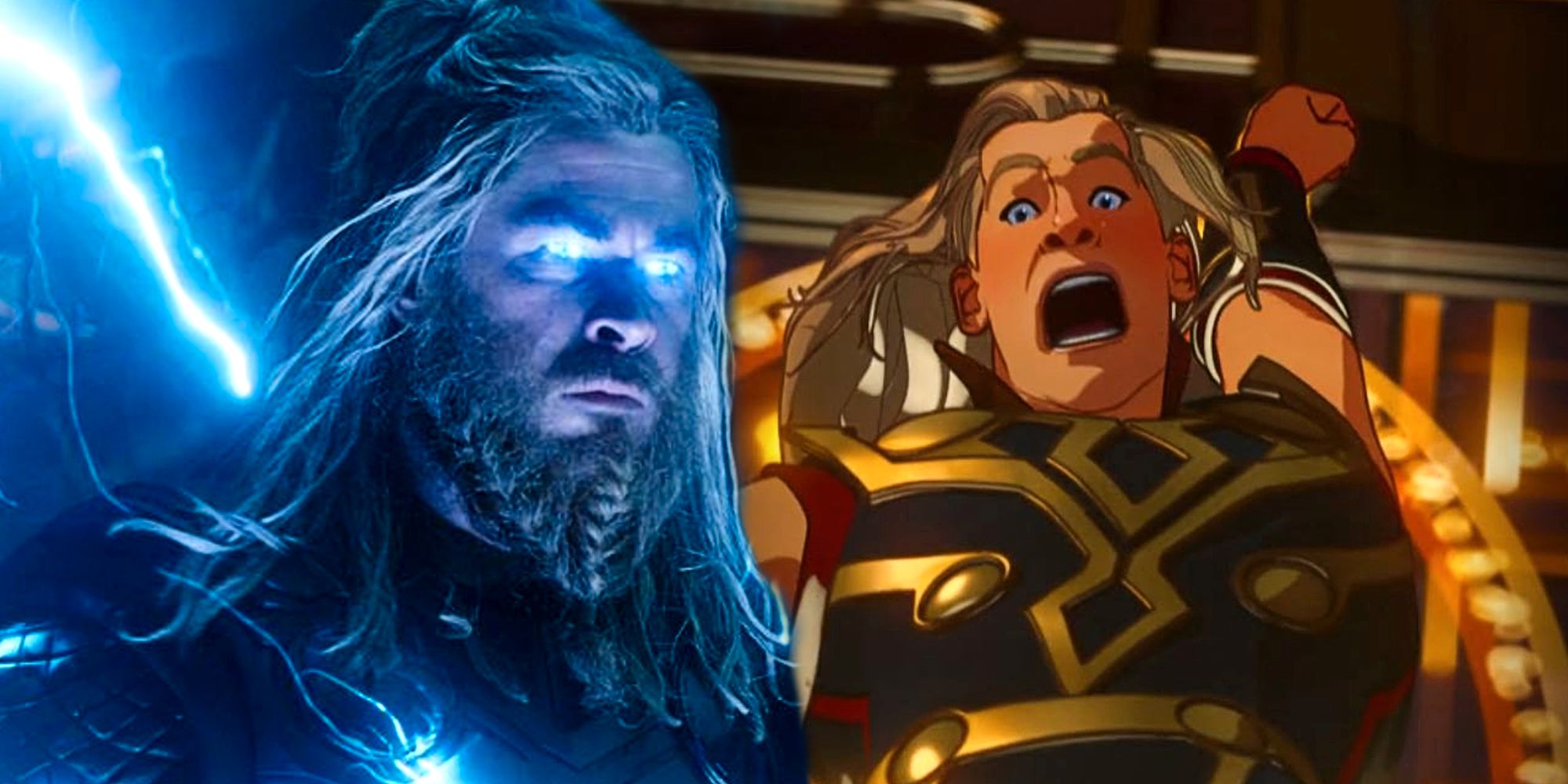 Thor in Avengers Endgame and Party Thor in What If Episode 9