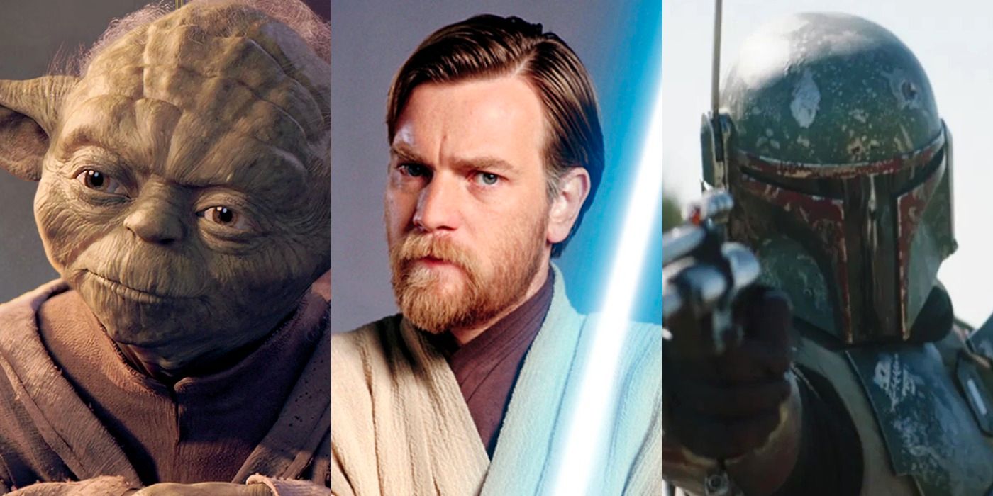 A split screen of Yoda Obi Wan and Boba Fett