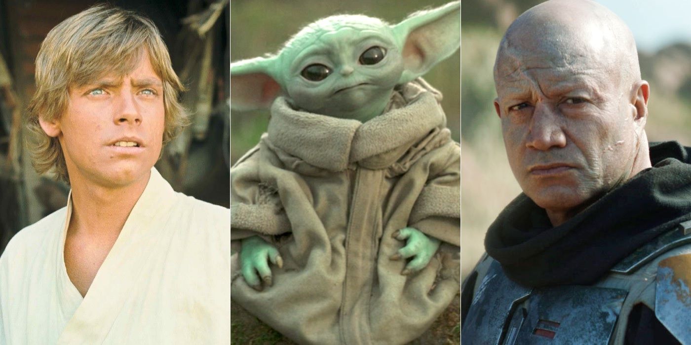 Mark Hamill as Luke Skywalker in Star Wars A New Hope Grogu Baby Yoda and Temuera Morrison as Boba Fett in The Mandalorian