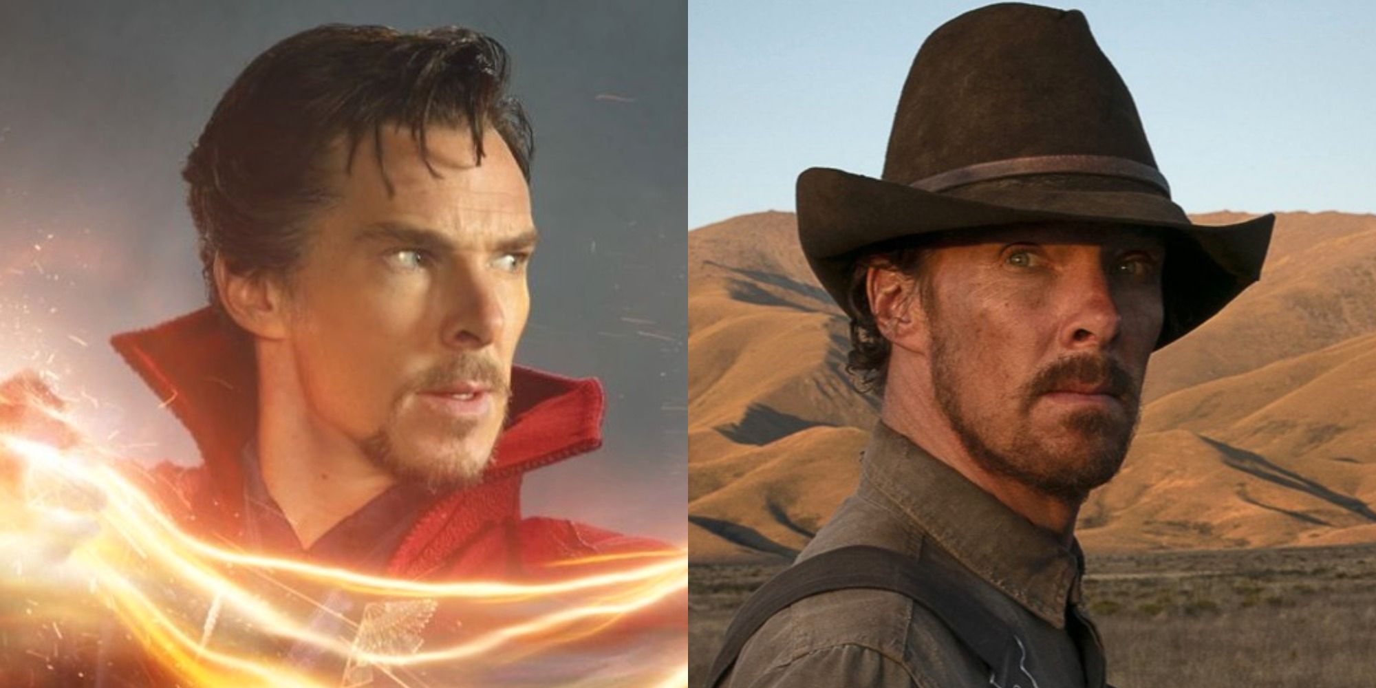 Split image of Benedict Cumberbatch in promo images for Doctor Strange and The Power of the Dog