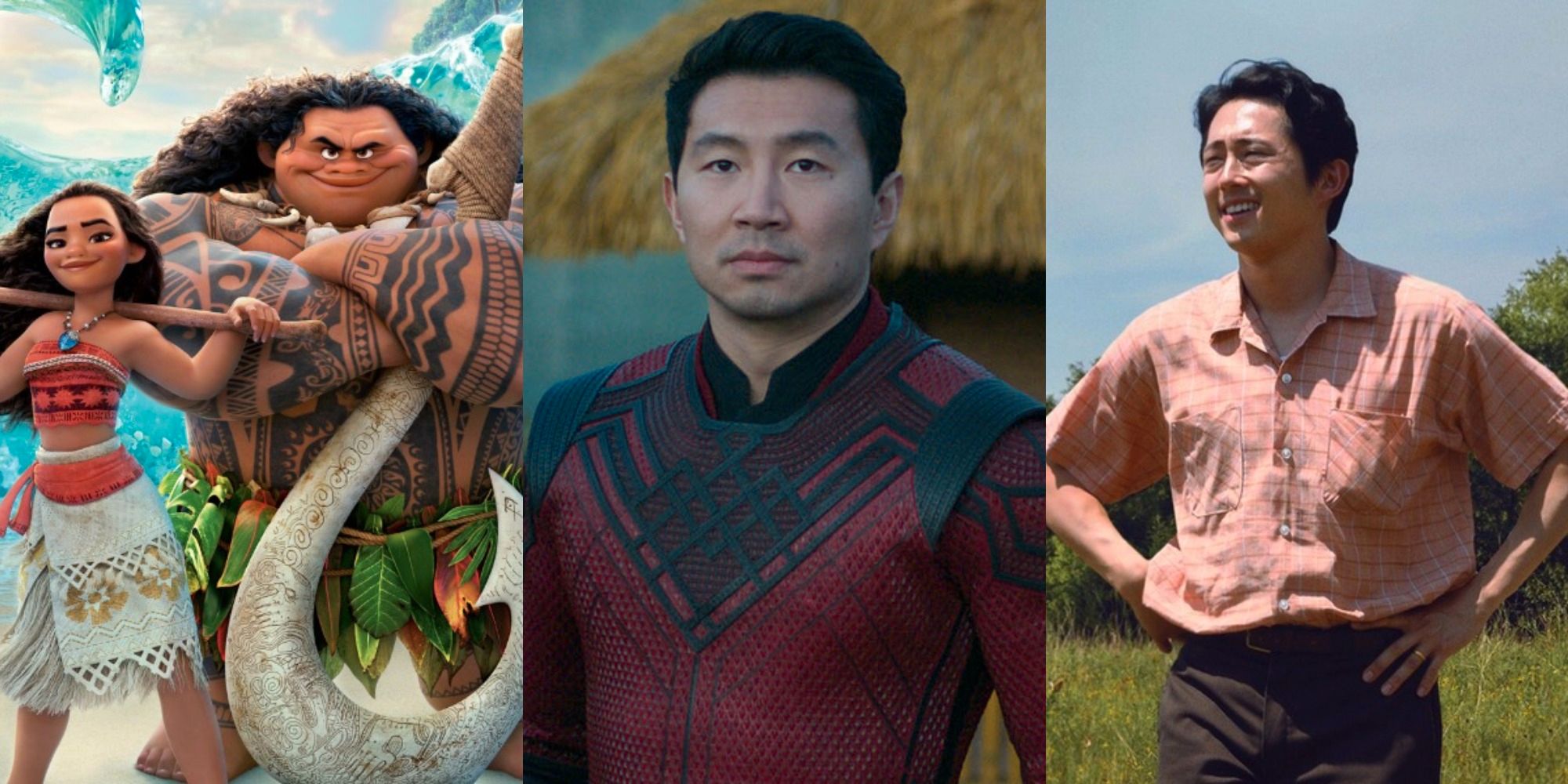 Split image of main characters from Moana Shang Chi and Minari