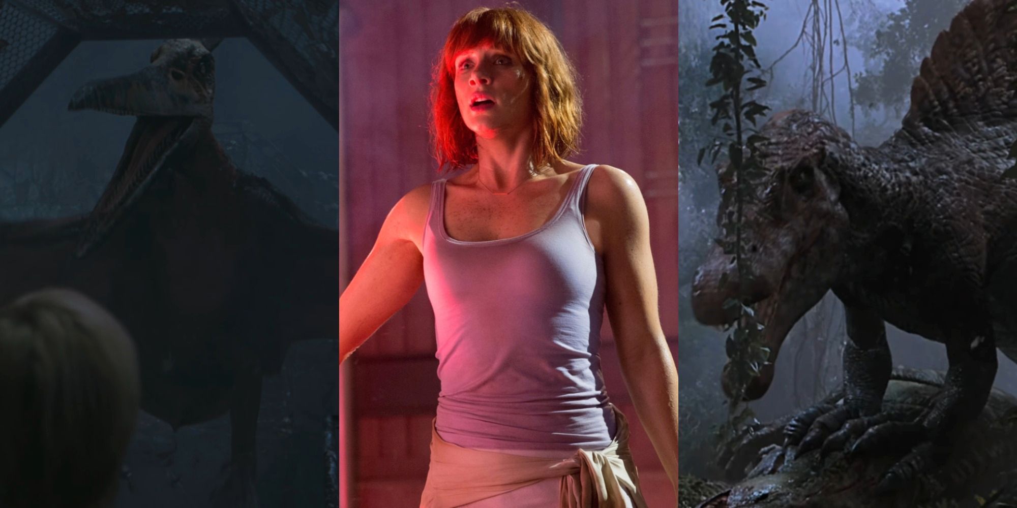 Split image of the Pteranodon Claire Dearing and the Spinosaurus from the Jurassic Park movies