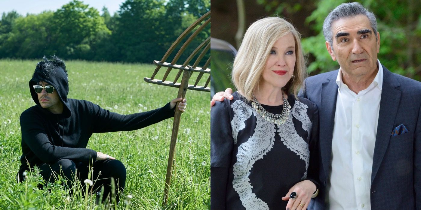 Split image showing David Rose in a field and Johnny and Moira in Schitts Creek
