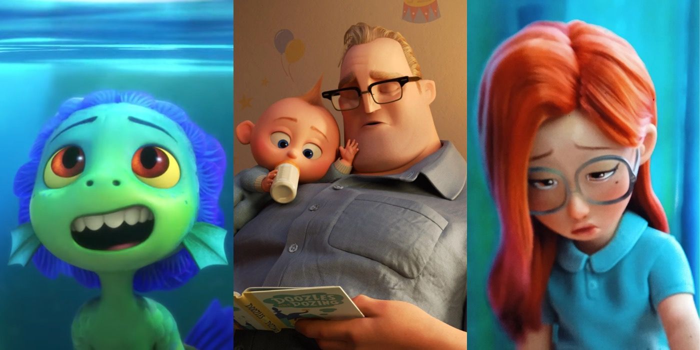 Split image showing Luca in Luca Jack Jack and Mr Incredible in The Incredibles 2 and a young Ming in Turning Red