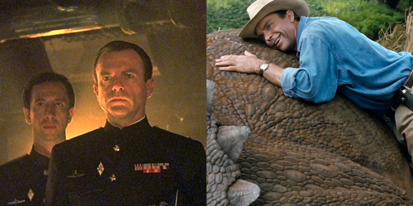 A split screen of Sam Neill in Hunt for Red October and Jurassic Park