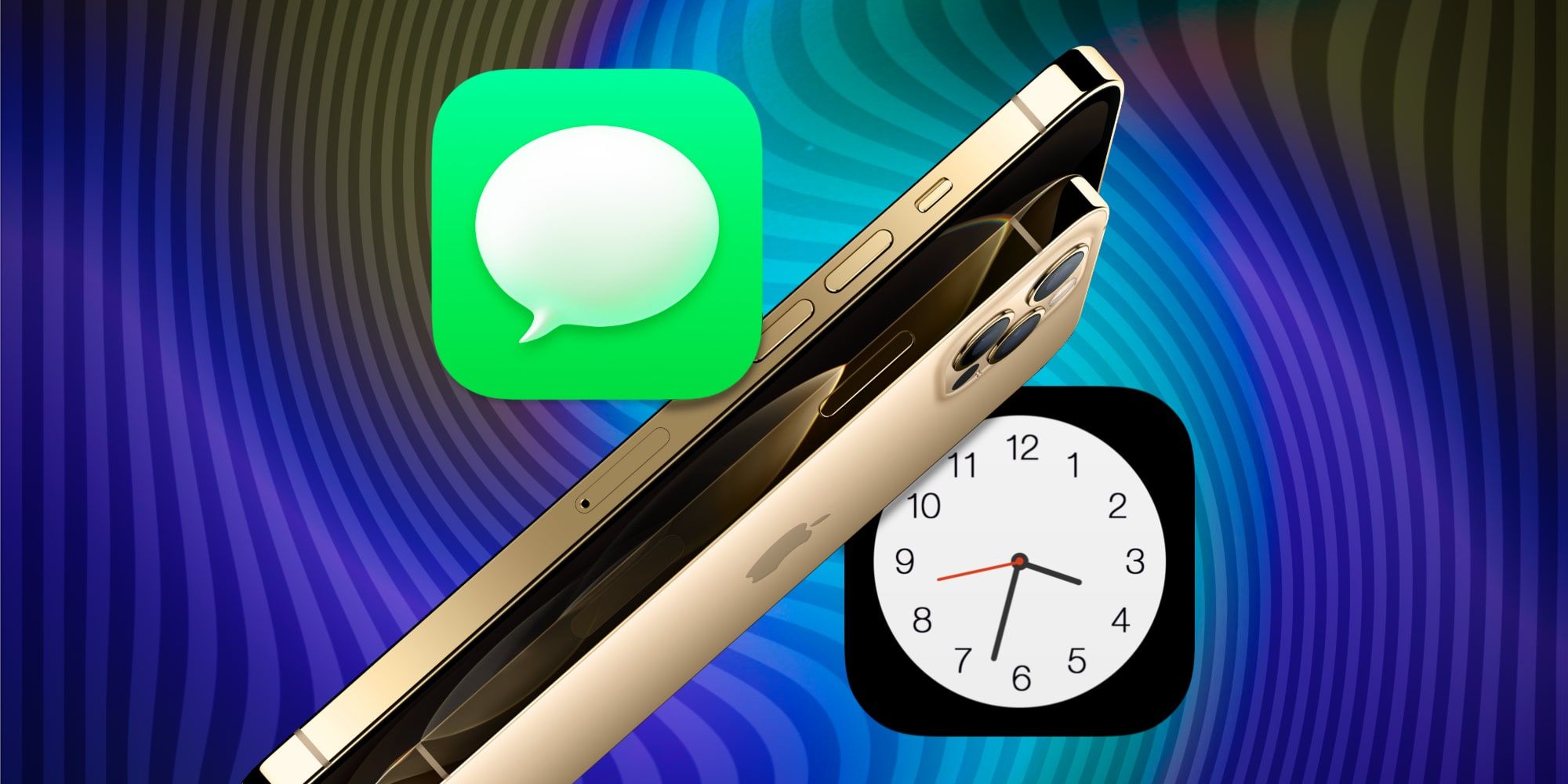 Apple iPhone With iMesssage And Clock App Icons Over Warp BG