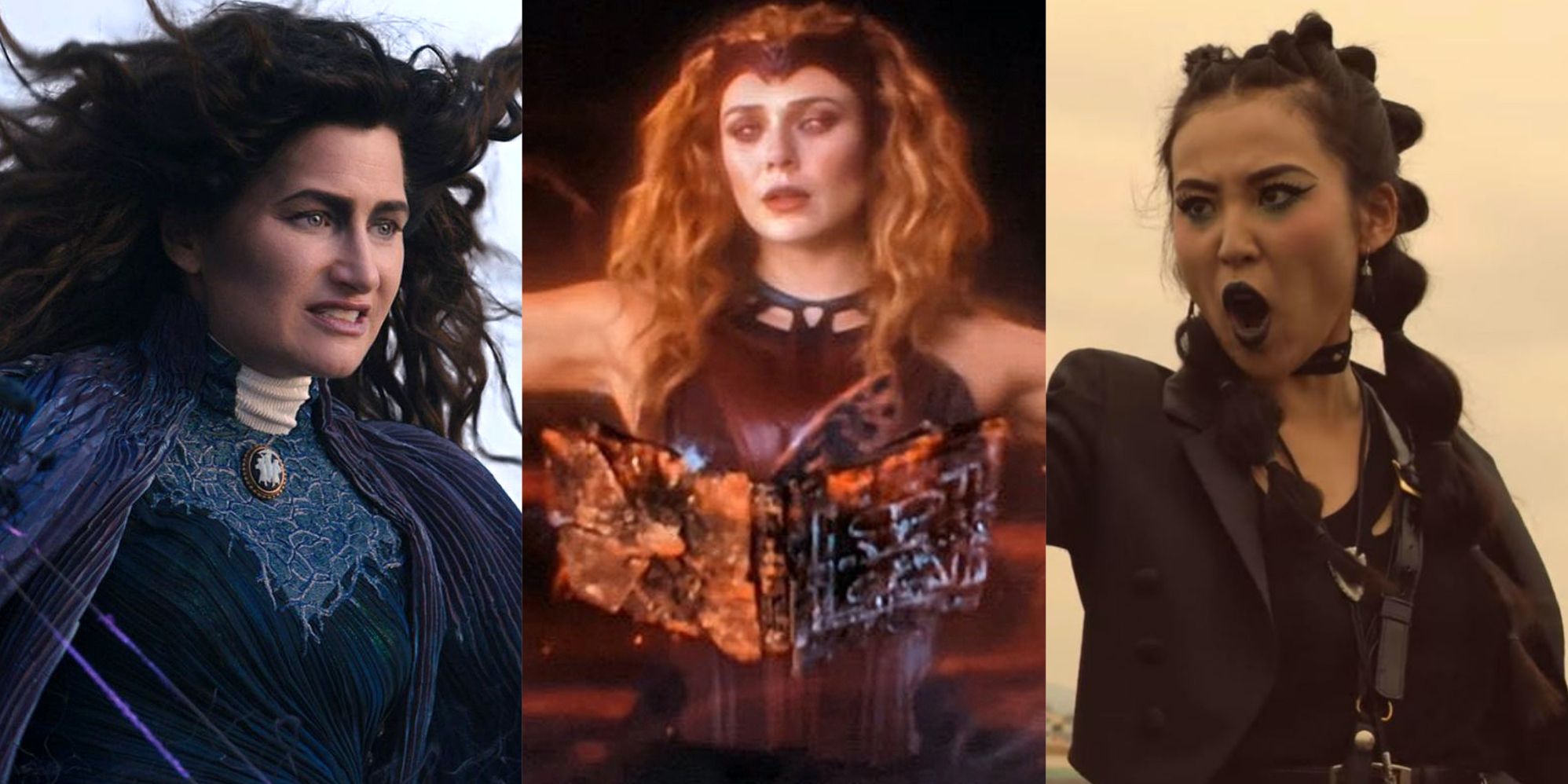Split image of Agatha Harkness Wanda Maximoff and Nico Minoru in the MCU