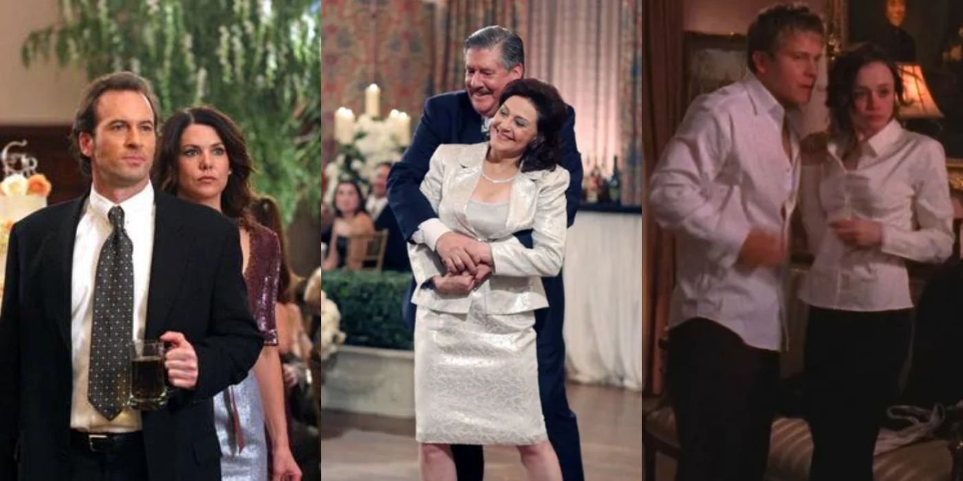 Three split images of the Gilmores at Emily and Richards vow renewal on Gilmore Girls