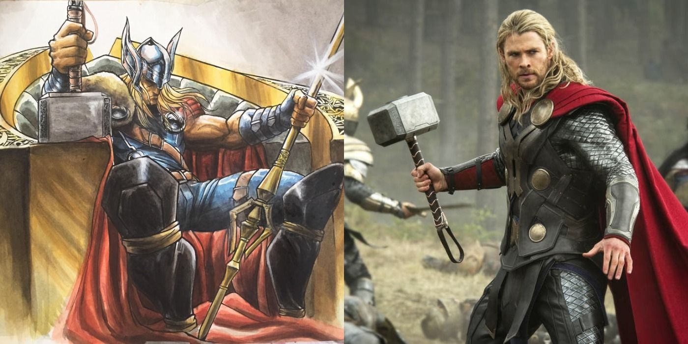 A split screen image of Thor in the comics and the movies