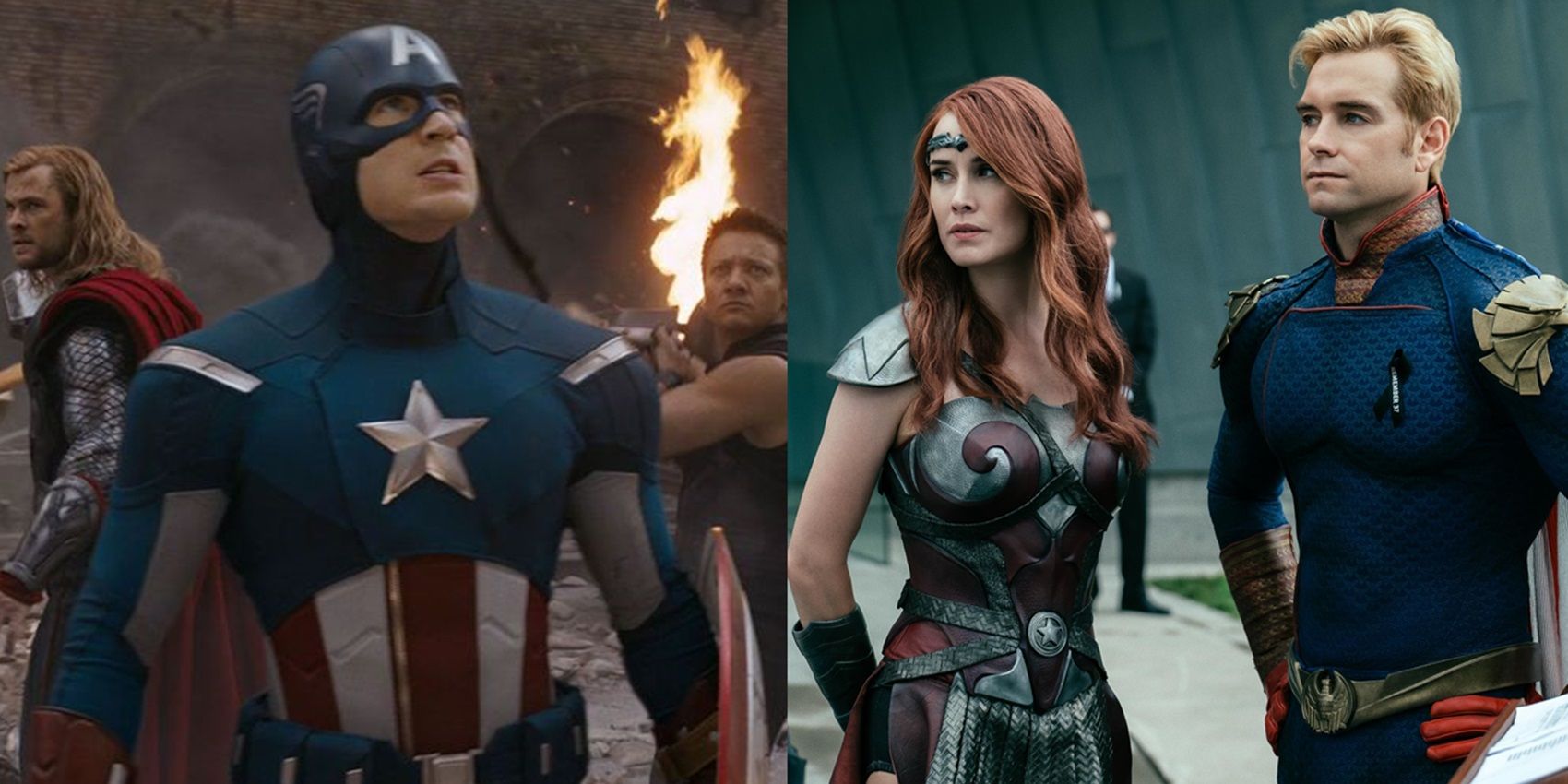 Captain America in The Avengers and Homelander and Queen Maeve in The Boys