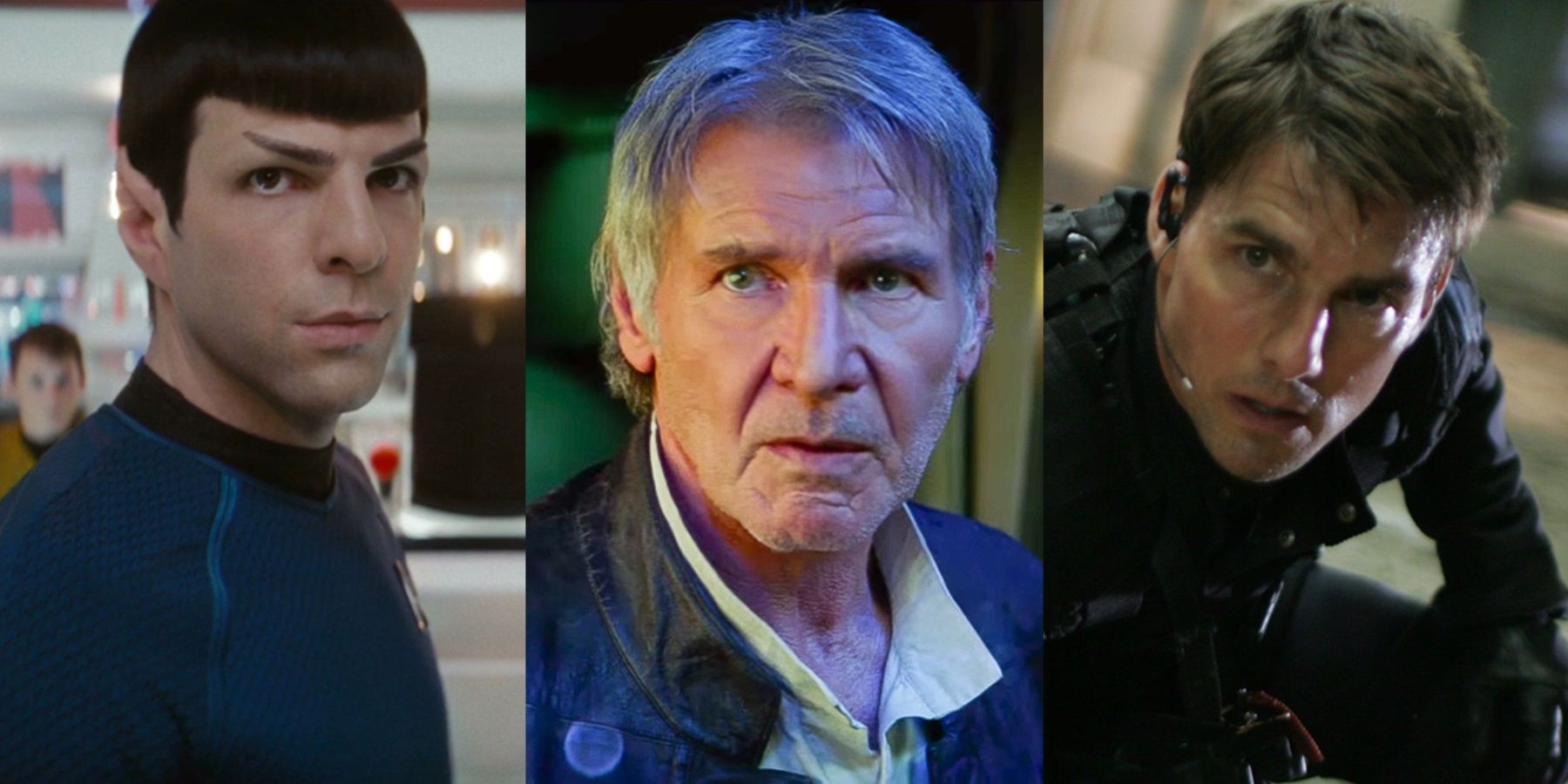 Split image of Spock in Star Trek 2009 Han in The Force Awakens and Ethan Hunt in Mission Impossible 3