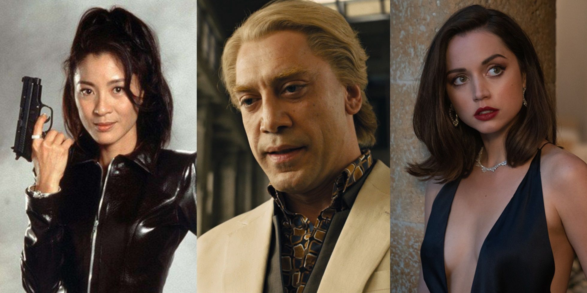 Split image of Wai Lin in Tomorrow Never Dies Silva in Skyfall and Paloma in No Time to Die