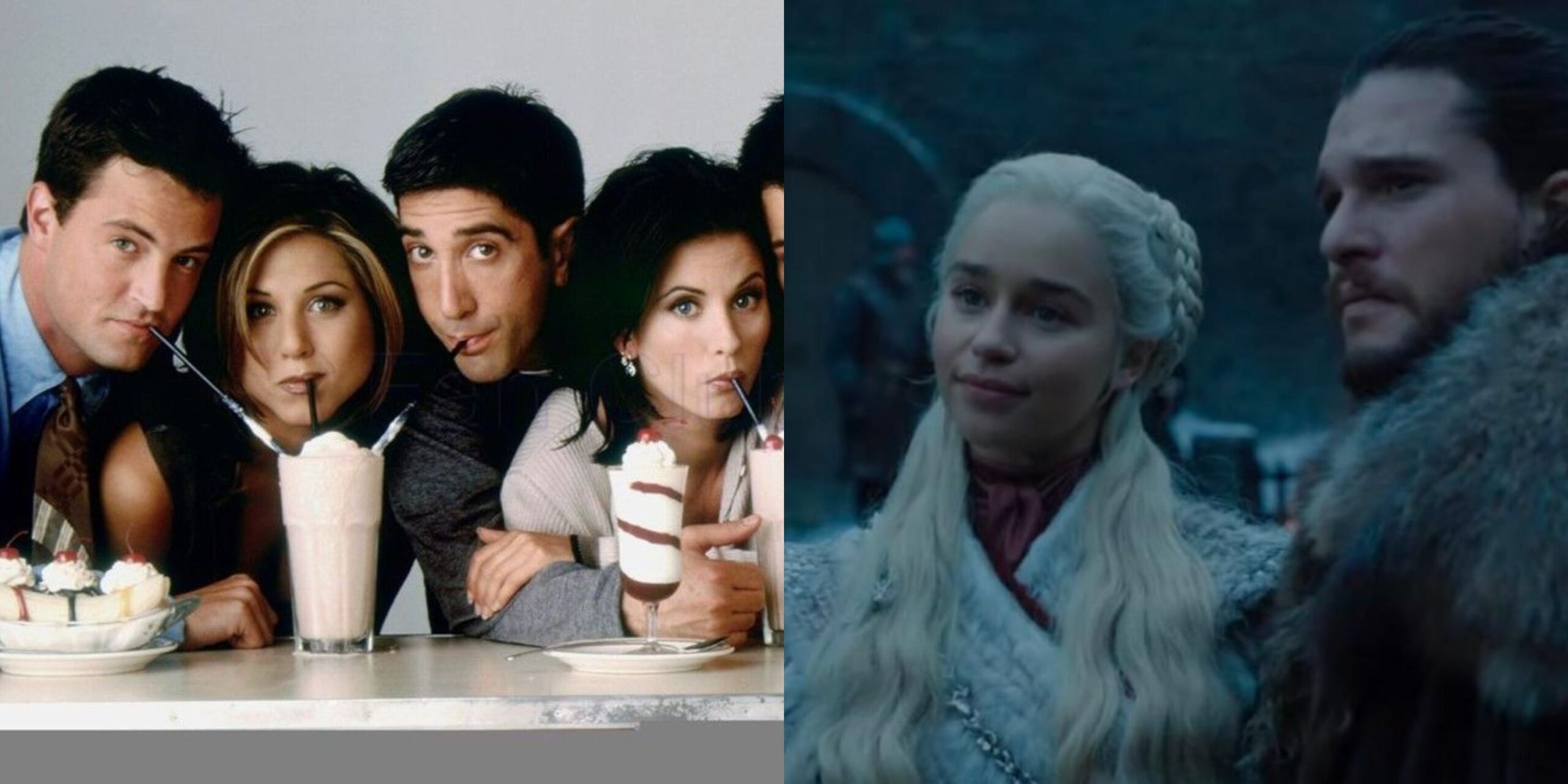 Featured image split the cast of friends drinking milkshake and Kit Harington and Emilia Clarke in Game of Thrones scaled