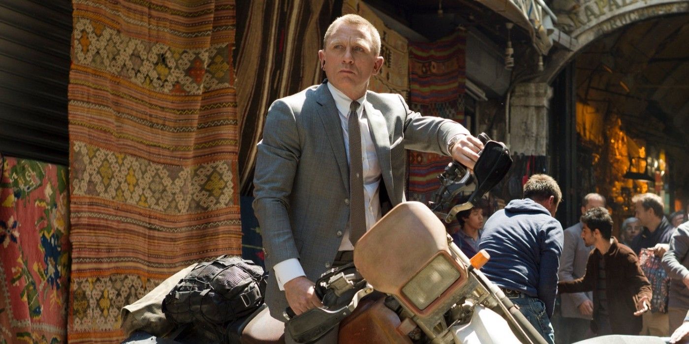 James Bond on motorcycle action shot