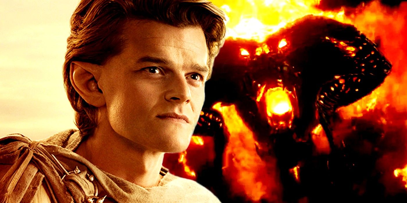 Robert Aramayo as Elrond and Balrog in Rings of Power