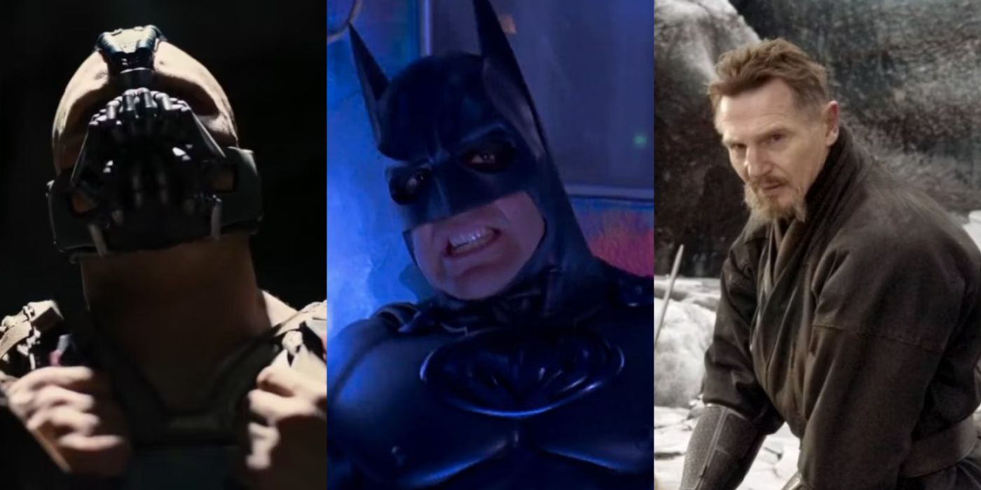 Split image of Bane in Dark Knight Rises Batman in Batman Robin and Ras in Batman Begins