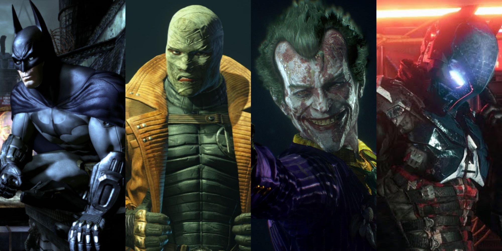 Split image of Batman Hush Joker and the Arkham Knight across the Batman Arkham games