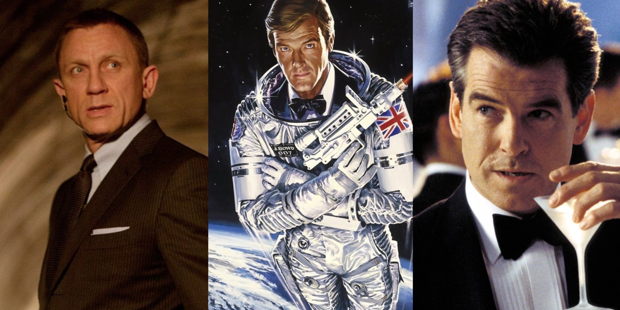 Split image of Daniel Craig in Skyfall Roger Moore in Moonraker and Pierce Brosnan in Die Another Day