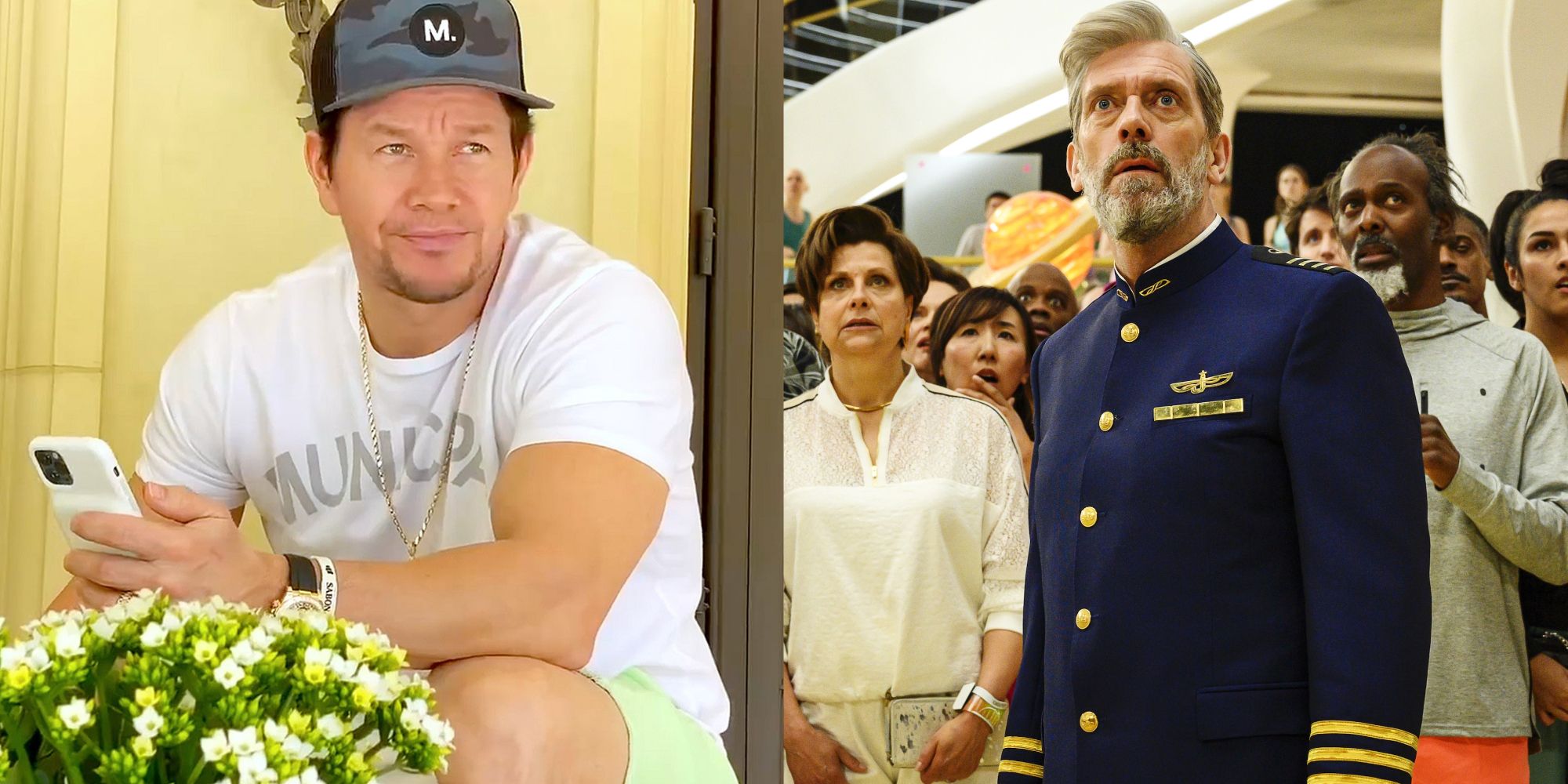 Split image of Mark Wahlberg in Wahl Street and the cast of Avenue 5