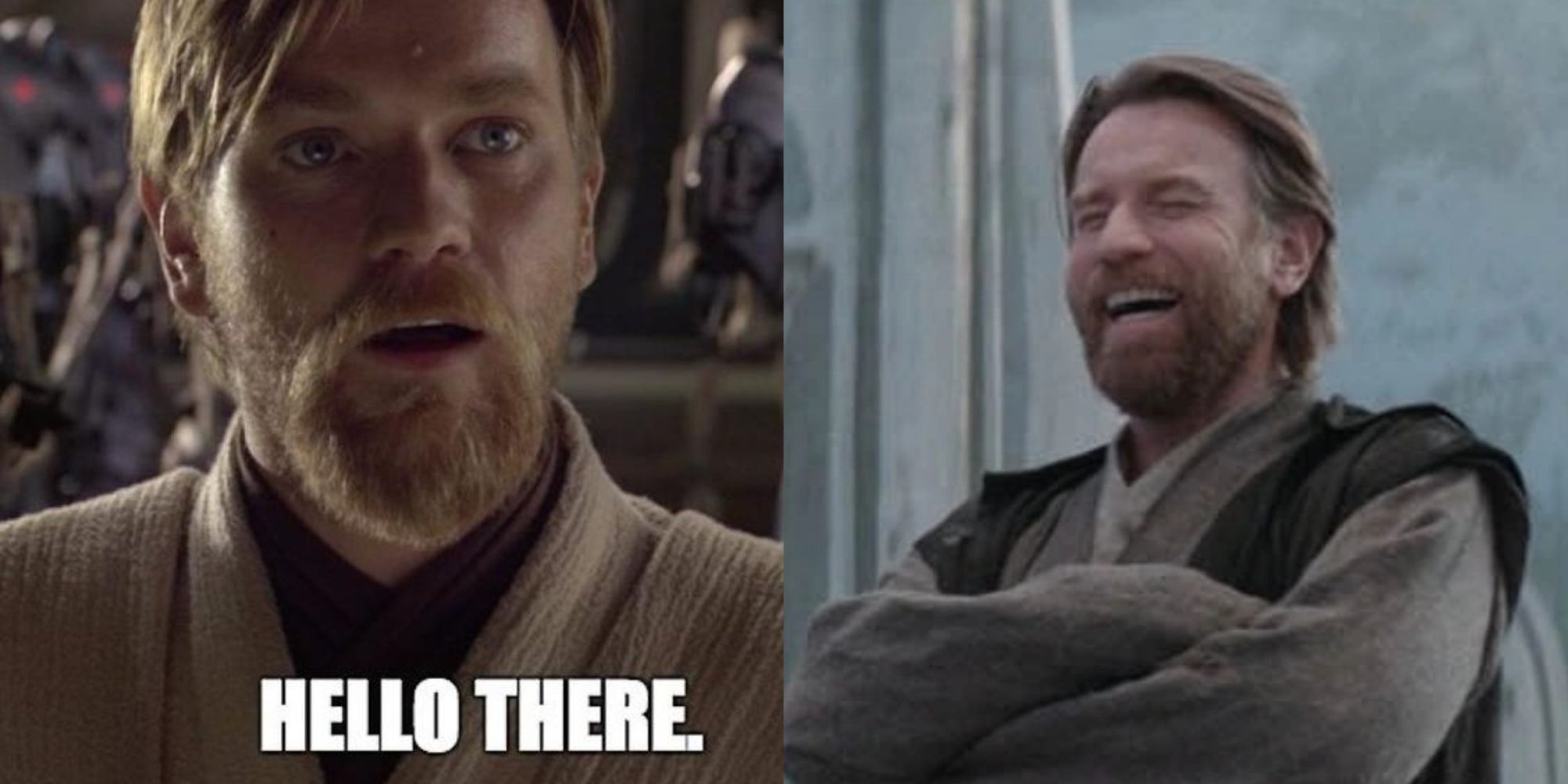 Split image of Obi Wan Kenobi laughing at the Hello There meme