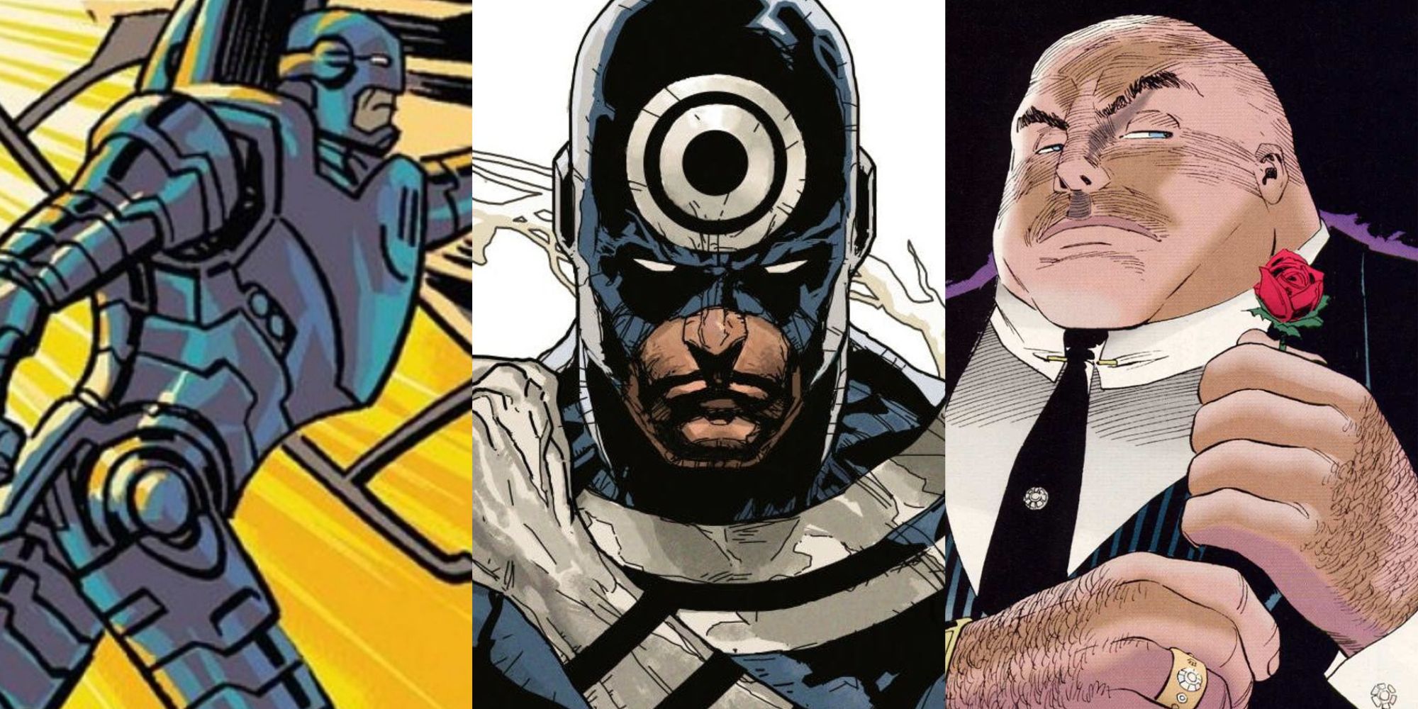 Split image of Stilt Man Bullseye and Kingpin in Daredevil comics