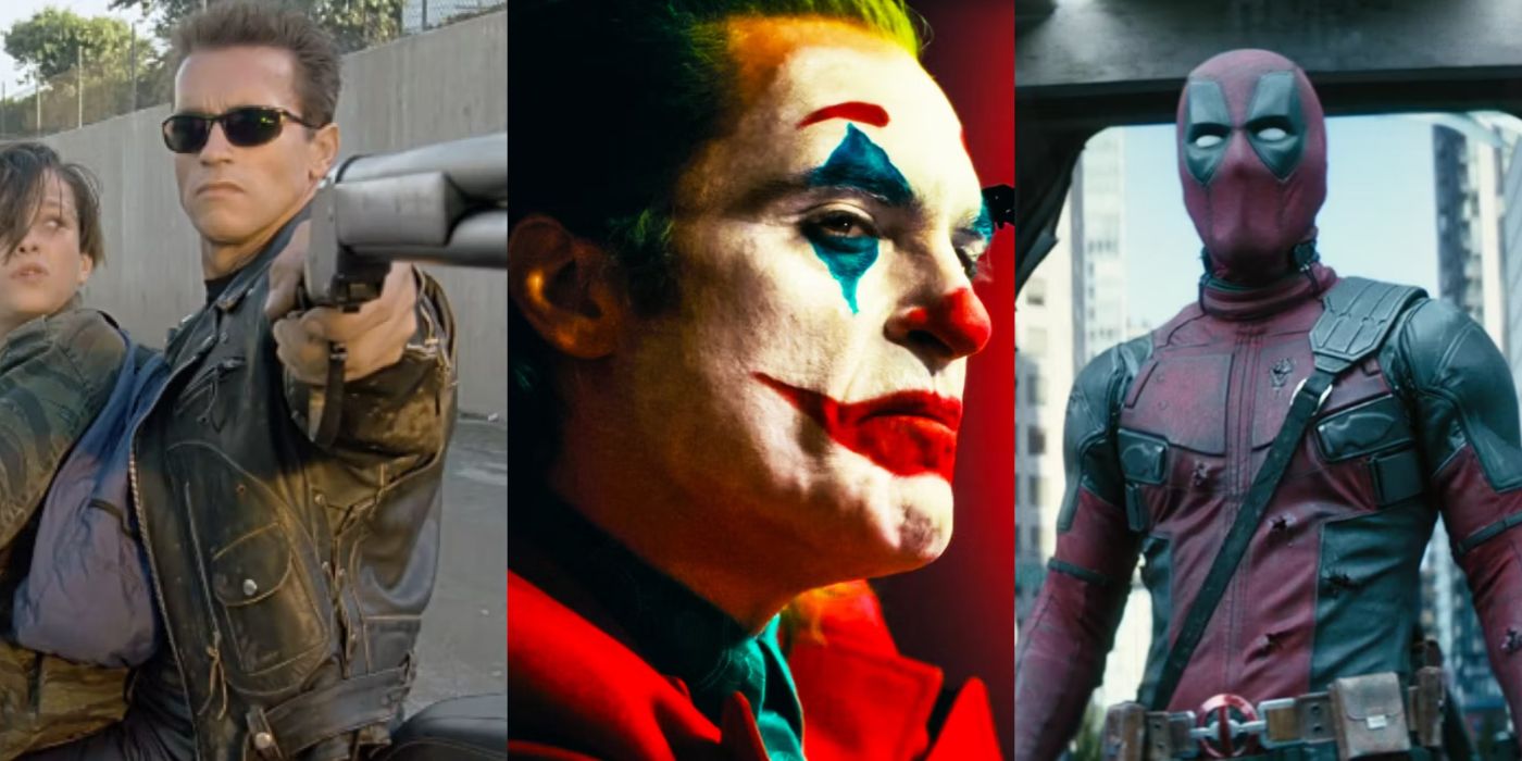 Split image of T800 in Terminator 2 Arthur in Joker and Wade in Deadpool