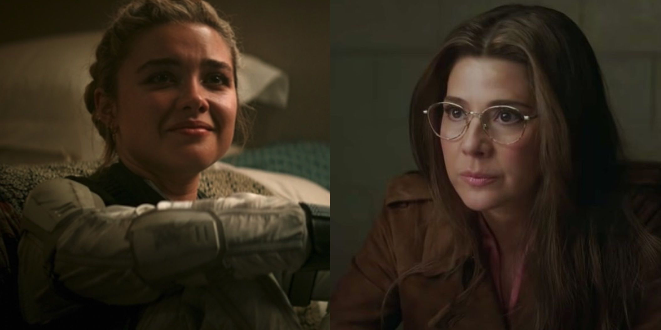 Split image of Yelena in Black Widow and Aunt May in Spider Man No Way Home