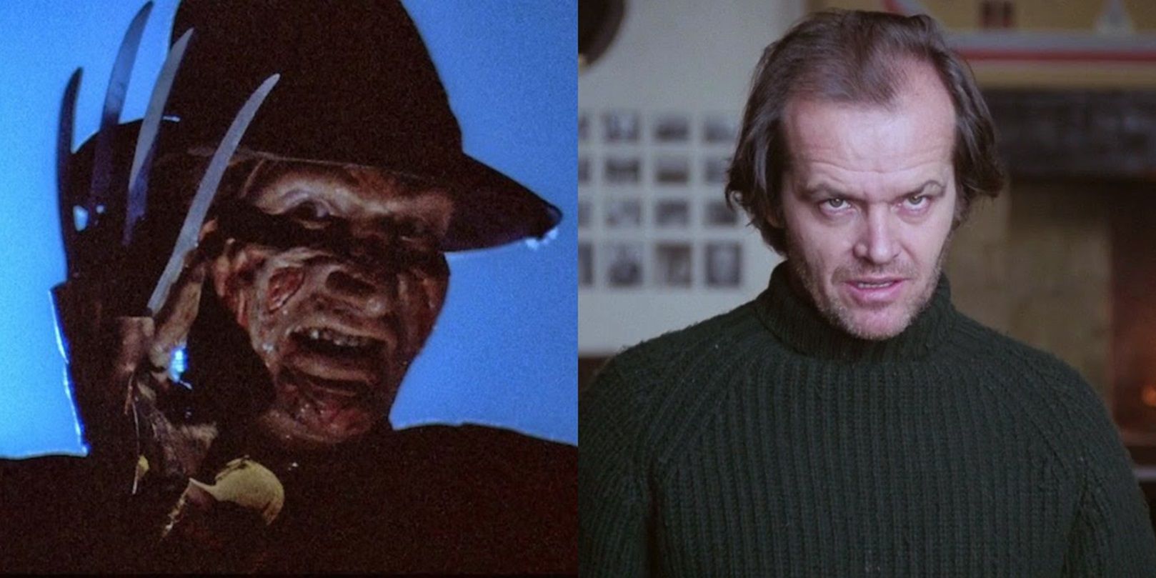 Split image of Freddy Krueger in A Nightmare on Elm Street and Jack Torrance in The Shining